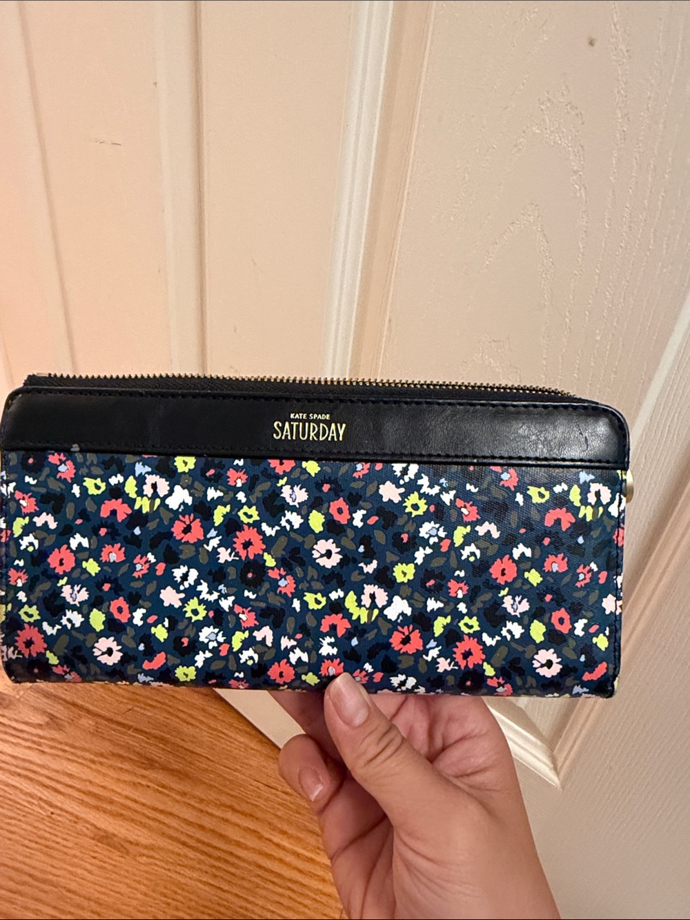 kate spade Navy Floral Zip Wallet with Black Trim